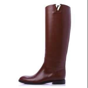LOUIS VUITTON riding boots heritage flat tall high leather brown LV logo